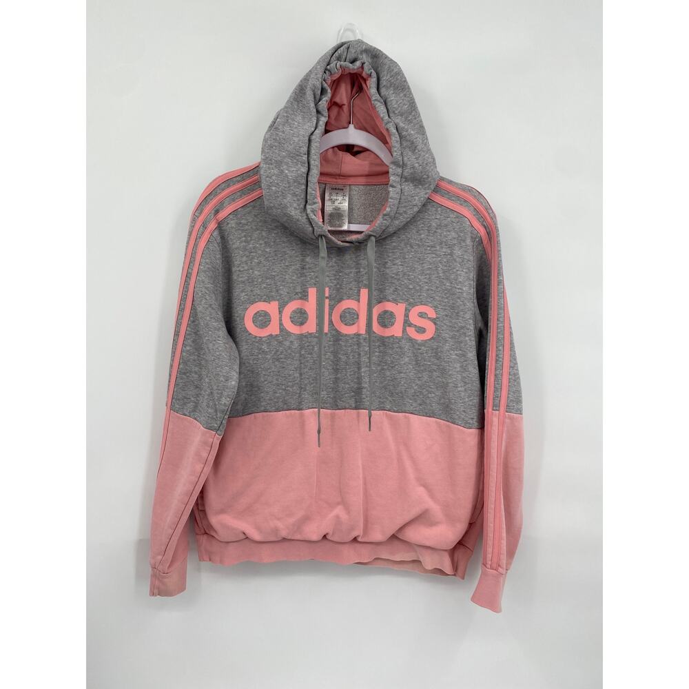 Adidas Women's Essentials Colorblock Hoodie Sweatshirt Grey Glow Pink Large
